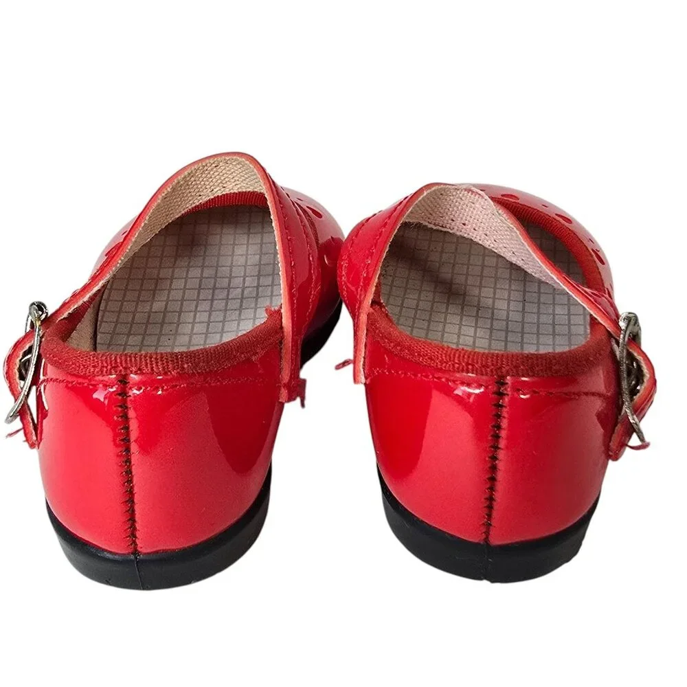 VTG Red Patent Leather Look Baby Girl Mary Jane Shoes Heart Cutouts Buckle USA